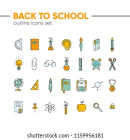 Back to school icons outline set, icons of school supplies. Welcome back to school badge. Learning and education. Vector illustration, eps 10.