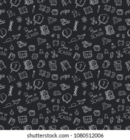 back to school icons in seamless pattern with doodle style on chalkboard background