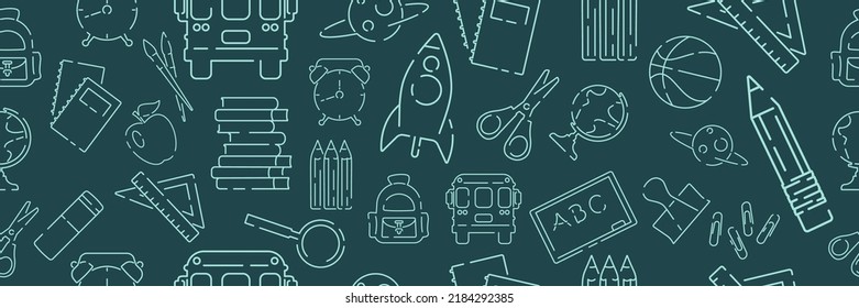 Back to school icons seamless pattern. Green or blackboard background. School, office supplies. Doodle icons and chalk inscription. Banner, poster template. Flat style vector illustration 