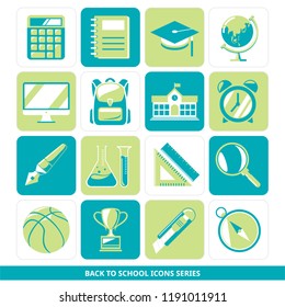 Back to school icons series - calculator, book, mortarboard, globe, computer, backpack, school, clock, ink pen, test tube, triangle ruler, ruler, magnifier, basketball, trophy, cutter , compass