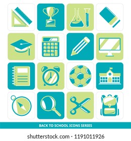 Back to school icons series - triangle ruler, ruler, trophy, test tube, rubber, mortarboard, calculator, pencil, computer, book, clock, football,  school, compass, magnifier, scissors, backpack