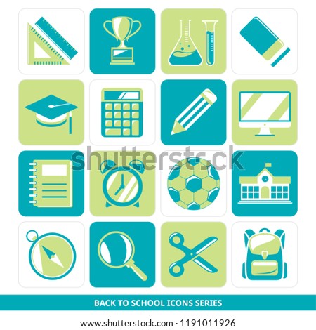 Back to school icons series - triangle ruler, ruler, trophy, test tube, rubber, mortarboard, calculator, pencil, computer, book, clock, football,  school, compass, magnifier, scissors, backpack