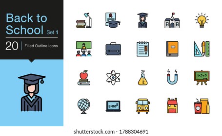 Back to school icons set 1. Filled outline design. For presentation, graphic design, mobile application or UI. Vector illustration.