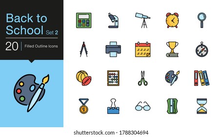 Back to school icons set 2. Filled outline design. For presentation, graphic design, mobile application or UI. Vector illustration.