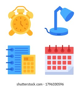 Zurück zu Schule Icons Set = Alarm, Lampenschreibtisch, Taschenrechner, Kalender. Perfekt für mobile App, Präsentationen, Illustrationen und andere Projekte.