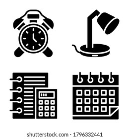 De vuelta a la escuela Icons Set = Alarma, escritorio de lámpara, calculadora, calendario. Perfecto para aplicaciones móviles web, presentación, ilustración y cualquier otro proyecto.