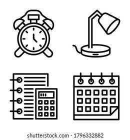 Back To School Icons Set = Alarm, lamp desk, calculator, calendar. Perfect for website mobile app, presentation, illustration and any other projects.
