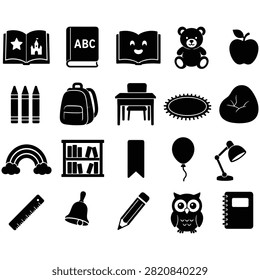 Back to school icons set apple books crayons backpack teddy bear rainbow owl
