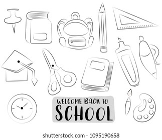 Back to school icons set. Black and white outline hand drawn doodle objects. Coloring page game. Vector illustrator.