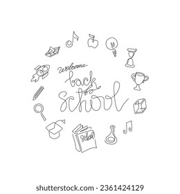 Zurück zu Schulsymbolen Set, durchgehende Zeilenzeichnung, kleine Tätowierung von Hand, Druck für Kleidung, T-Shirt, Emblem, Logo-Design-Cover, eine einzelne Linie auf weißem Hintergrund, einzelne Vektorgrafik