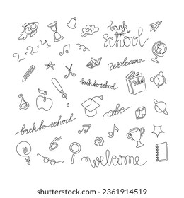 Back to school icons set, continuous line drawing, hand lettering small tattoo, print for clothes, t-shirt, emblem, logo design cover, one single line on white background, isolated vector illustration