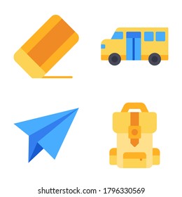 Back To School Icons Set = eraser, school bus, paper plane, backpack. Perfect for website mobile app, presentation, illustration and any other projects.