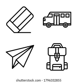 Back To School Icons Set = eraser, school bus, paper plane, backpack. Perfect for website mobile app, presentation, illustration and any other projects.