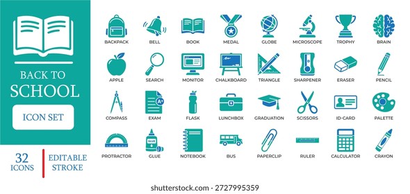 Zurück zur Schule Icons Set. Mit Schulbus, Rucksack, Abschlusskappe, Schreibwaren und E-Learning-Symbolen. Bearbeitbarer Vektor für Bildungs-Apps, Plattformen und Schulmarketing.
