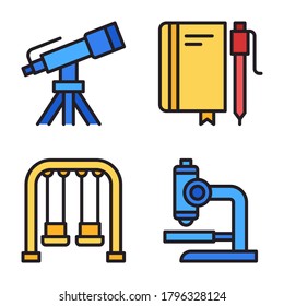 Back To School Icons Set (Filled Line) = Telescope, material school, playground, microscope. Perfect for website mobile app, presentation, illustration and any other projects.