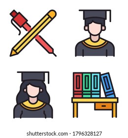 Juego de iconos de regreso a la escuela (línea rellenada) = escuela de materiales, hombre de graduación, chica de graduación, libro de escritorio. Perfecto para aplicaciones móviles web, presentación, ilustración y cualquier otro proyecto.