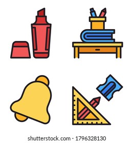 Back To School Icons Set (Filled Line) = highlighter, pencil holder, school bell, material school. Perfect for website mobile app, presentation, illustration and any other projects.