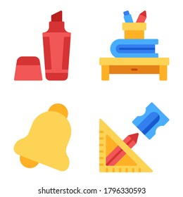 Back To School Icons Set = highlighter, pencil holder, school bell, material school. Perfect for website mobile app, presentation, illustration and any other projects.