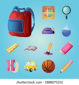 back to school icons set include backpack eraser sharpener ruler book flask and more vector illustration