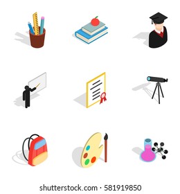 Back to school icons set. Isometric 3d illustration of 9 back to school vector icons for web
