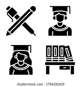 Back To School Icons Set = material school, graduation man, graduation girl, desk book. Perfect for website mobile app, presentation, illustration and any other projects.