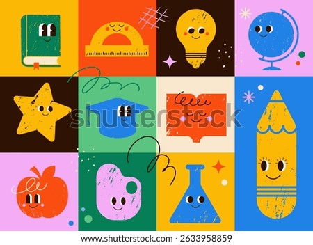 Back to school icons set and seamless pattern, featuring classroom items characters, including smiling books, pencil, stars, lightbulb, apple, globe and ruler. Creative hand drawn vector concept