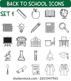 Voltar para ícones escolares definidos em estilo de arte de linha simples. Inclui régua, maçã, livro, globo, lápis, lâmpada, calculadora, microscópio, ônibus escolar, edifício, mesa, boné de formatura e muito mais.