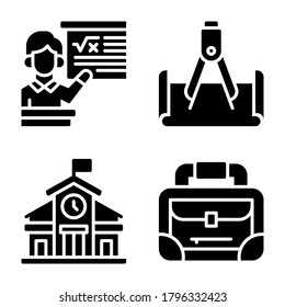 Back To School Icons Set = Teacher, drawing compass, school building, briefcase. Perfect for website mobile app, presentation, illustration and any other projects.