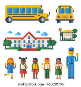 Back to School Icons Set. Vector Flat Style Illustration. College Building, Yellow Bus, Driver and Cute Kids Characters.