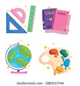 back to school icons set watercolor palette books ruler globe map vector illustration