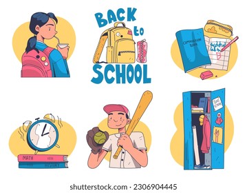 Back to school icons. Stickers with supplies and schoolchildren. Student boy playing baseball. Textbooks, learning, knowledge and education. Cartoon flat vector set isolated on white background