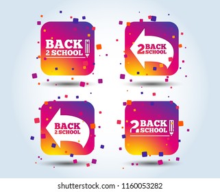Back to school icons. Studies after the holidays signs. Pencil symbol. Colour gradient square buttons. Flat design concept. Vector