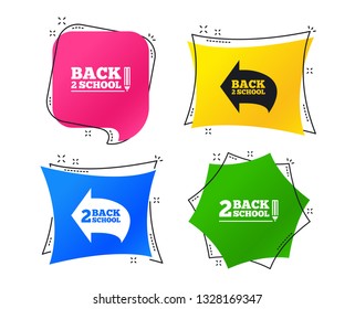 Back to school icons. Studies after the holidays signs. Pencil symbol. Geometric colorful tags. Banners with flat icons. Trendy design. Vector
