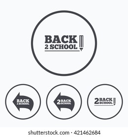 Back to school icons. Studies after the holidays signs. Pencil symbol. Icons in circles.