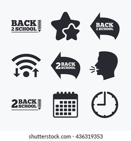 Back to school icons. Studies after the holidays signs. Pencil symbol. Wifi internet, favorite stars, calendar and clock. Talking head. Vector