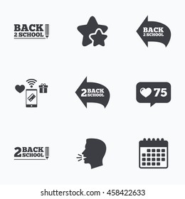 Back to school icons. Studies after the holidays signs. Pencil symbol. Flat talking head, calendar icons. Stars, like counter icons. Vector