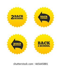 Back to school icons. Studies after the holidays signs symbols. Yellow stars labels with flat icons. Vector