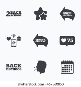 Back to school icons. Studies after the holidays signs symbols. Flat talking head, calendar icons. Stars, like counter icons. Vector