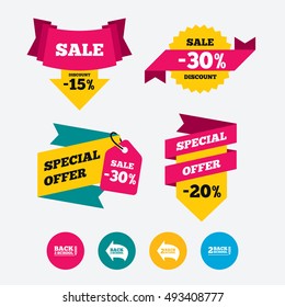 Back to school icons. Studies after the holidays signs. Pencil symbol. Web stickers, banners and labels. Sale discount tags. Special offer signs. Vector