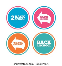 Back to school icons. Studies after the holidays signs symbols. Colored circle buttons. Vector