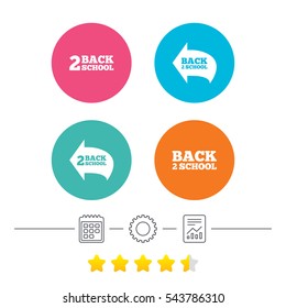 Back to school icons. Studies after the holidays signs symbols. Calendar, cogwheel and report linear icons. Star vote ranking. Vector