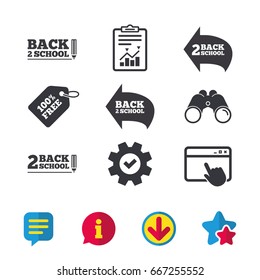 Back to school icons. Studies after the holidays signs. Pencil symbol. Browser window, Report and Service signs. Binoculars, Information and Download icons. Stars and Chat. Vector