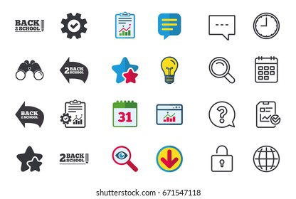 Back to school icons. Studies after the holidays signs. Pencil symbol. Chat, Report and Calendar signs. Stars, Statistics and Download icons. Question, Clock and Globe. Vector