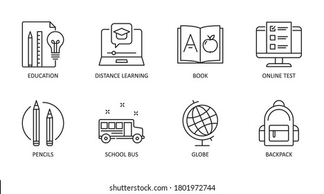 Back to school icons. Vector editable stroke icon. Education online test distance learning book. School bus globe pencils.