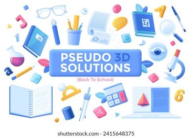 De vuelta a la escuela idea soluciones de dibujos animados 3d color de conjunto de iconos vectoriales. Colección de ilustraciones de dibujos animados y artículos para la educación. Suministros de vuelo idea creativa para sitio web, móvil, presentación