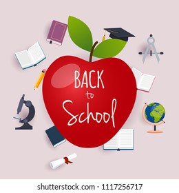 Back to school illustration with apple and books on the background. Flat design modern vector illustration concept.