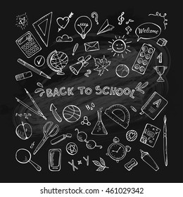  Back to school illustration. Background On Chalkboard With School Icon Elements.  School Items With Colored Pencils.  Vector Illustration