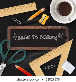  Back to school illustration. Background On Chalkboard With School Icon Elements.  School Items With Colored Pencils.  Vector Illustration
