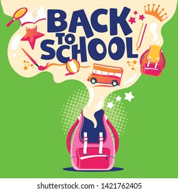 Back to School Illustration, Backpack with School Equipment