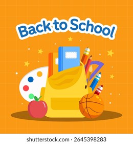 voltar para a ilustração da escola com bolsa, maçã, lápis e basquete